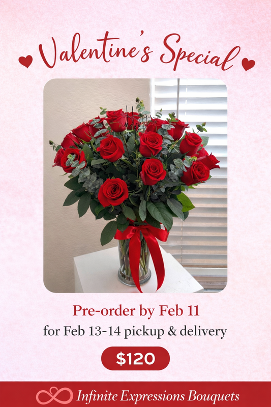 Valentine’s Special – 15 Red Roses in a Vase with Eucalyptus & Greenery